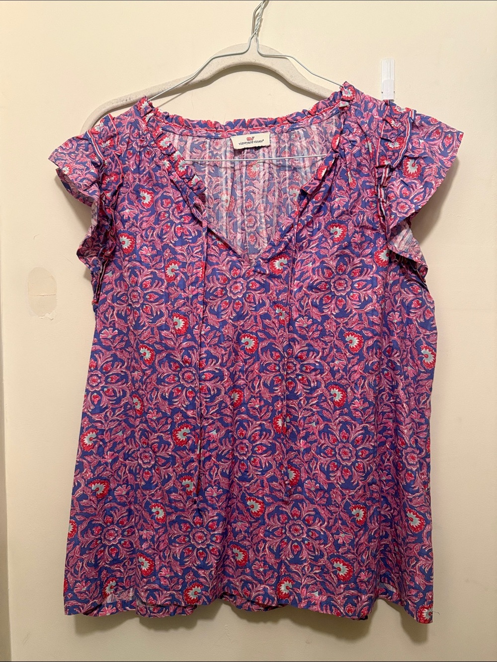 Vineyard Vines Pink and Purple Floral Ruffle Cap-Sleeve Top